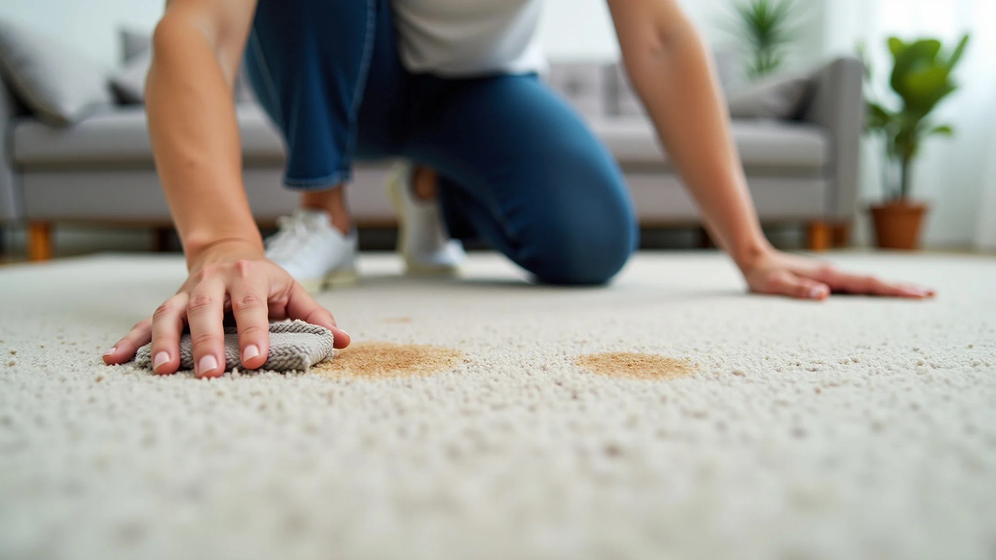 Pessoa removendo mancha de tapete com pano, sala de estar iluminada, design brasileiro.