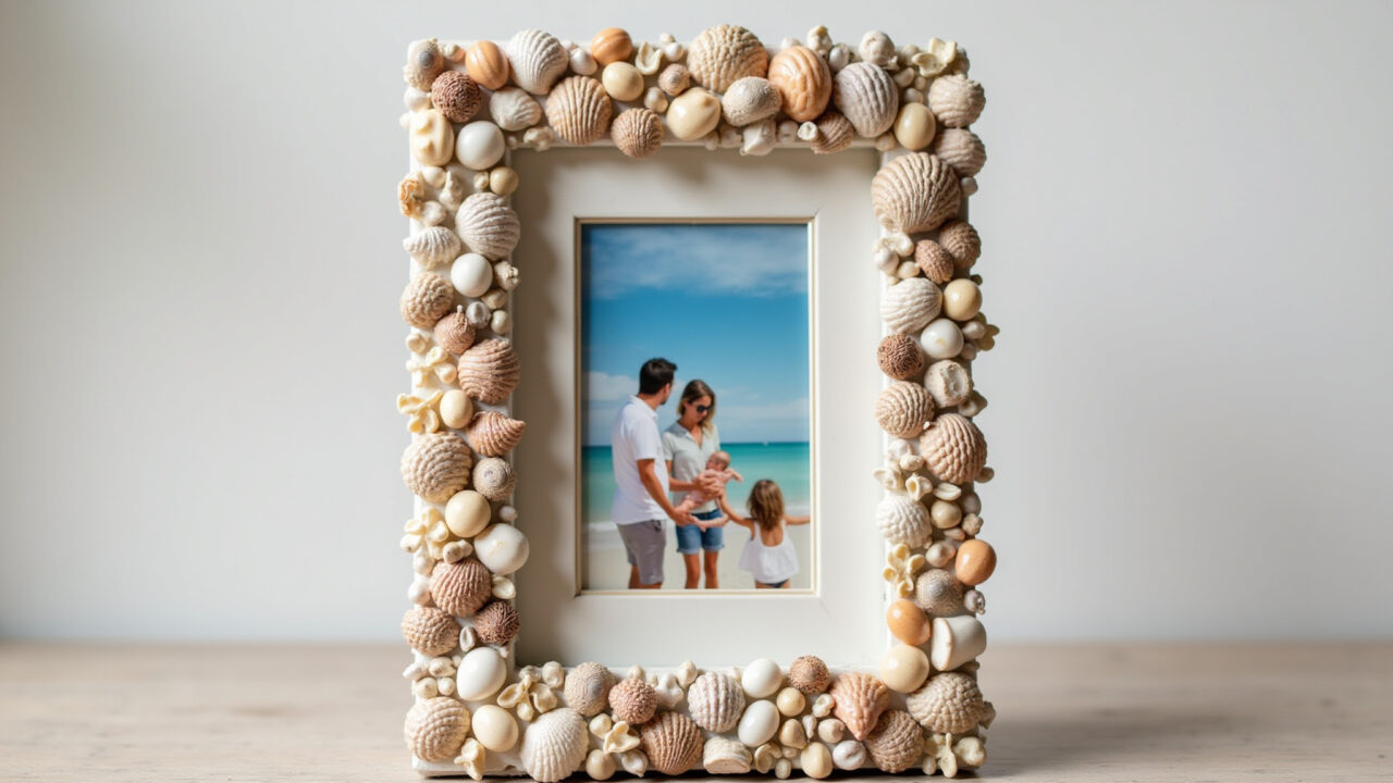 Porta-retrato decorado com conchas do mar para presente artesanal.