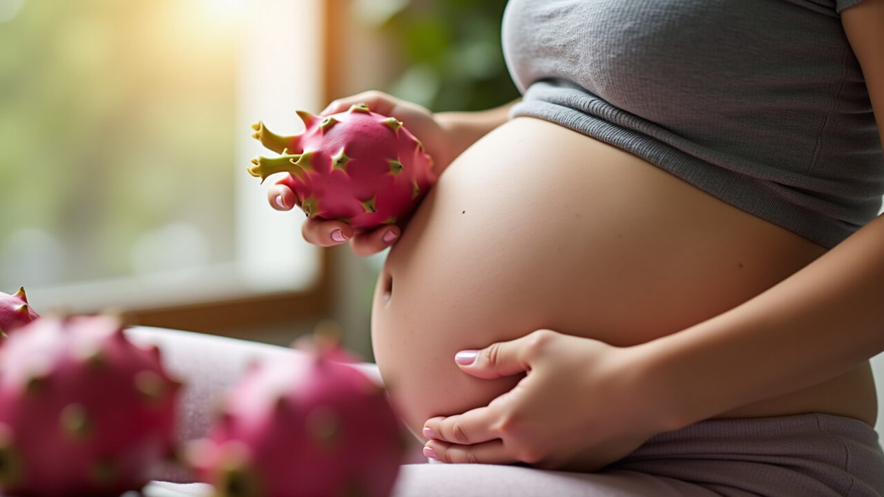 Professional photography of a pregnant woman eating pitaya. Focus on the fruit, healthy glow, Grávida consumindo pitaya para uma gestação saudável.