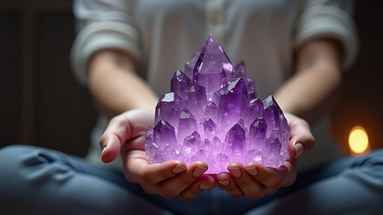 Professional photography of a purpurite crystal during meditation, spiritual connection, serene Cristal purpurita durante meditação, conexão espiritual.
