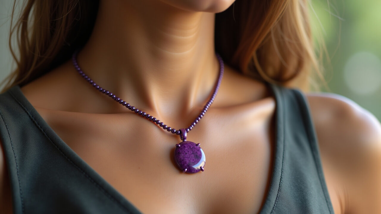 Professional photography of a purpurite pendant necklace, worn by a confident woman, Brazilian Colar com pingente de purpurita usado por mulher confiante.