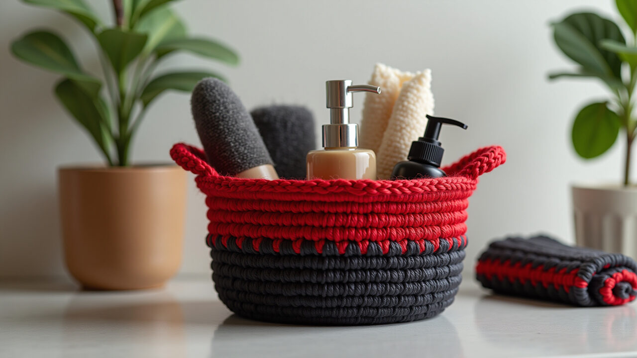 Professional photography of a red and black crochet basket organizing bathroom products, Brazilian Cesto organizador de crochê vermelho e preto para produtos de higiene.