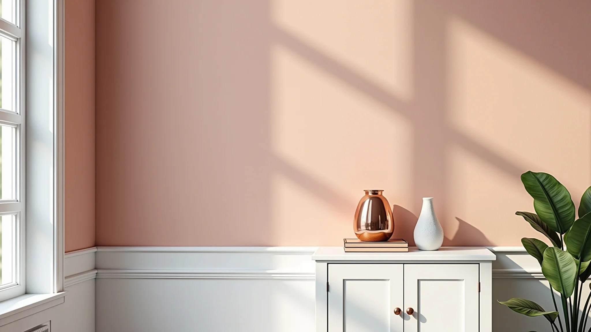 Parede pintada de rose gold com móveis brancos e detalhes em cobre.