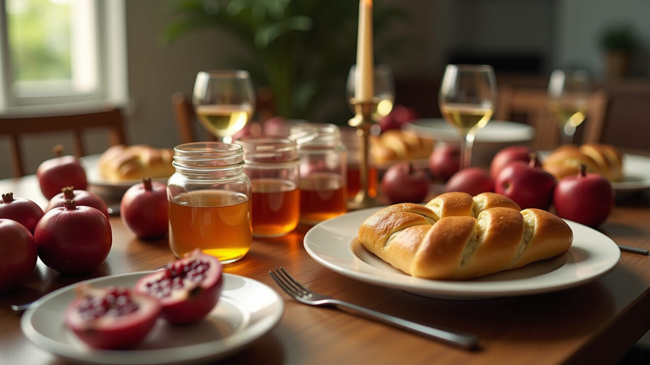 Mesa de Rosh Hashaná com maçãs, mel, romã e chalá.