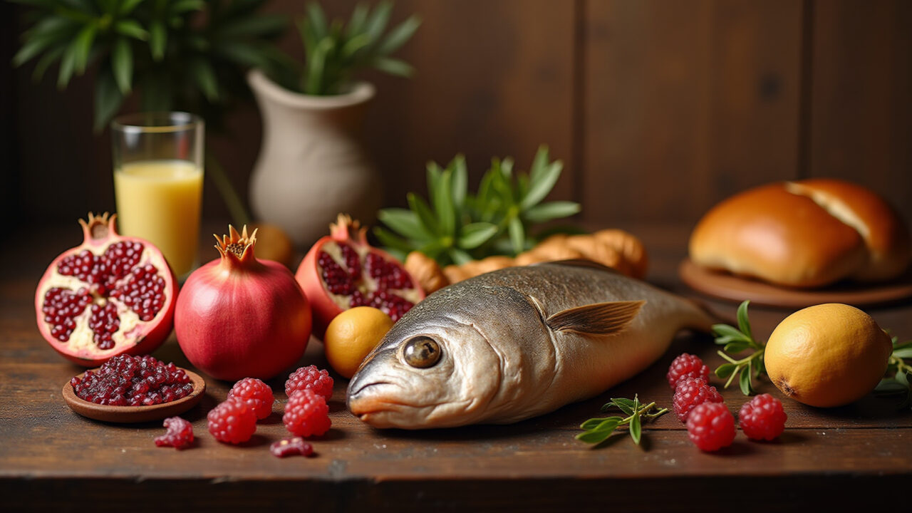 Mesa de Rosh Hashaná com alimentos simbólicos.