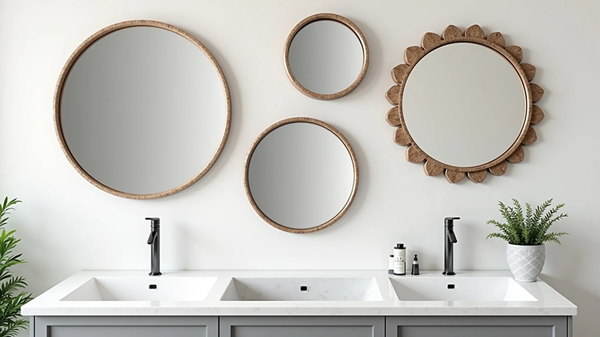 Conjunto de espelhos decorativos de diferentes formatos na parede do banheiro.