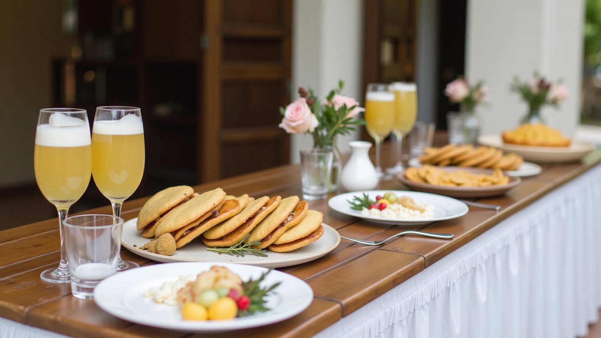 Recepção de casamento simples com petiscos e bebidas acessíveis.