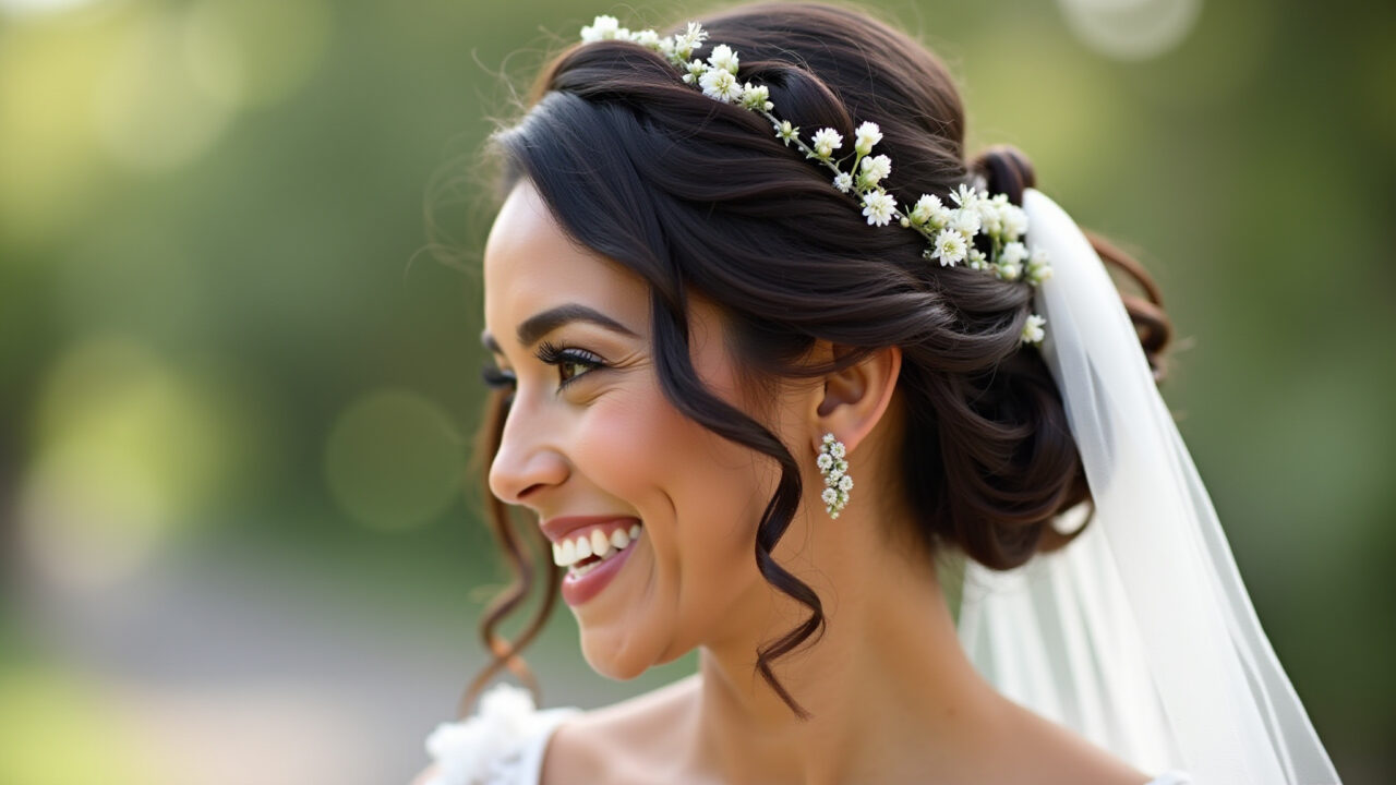Professional photography of a smiling Brazilian bride with defined curly hair in a loose updo, Noiva cacheada sorrindo com coque solto e flores.