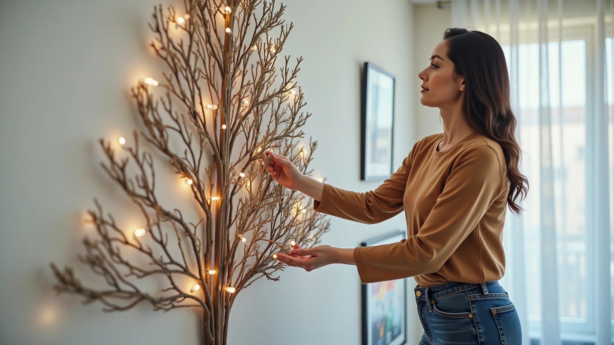 Mulher decorando árvore de Natal de parede feita com galhos secos em apartamento moderno.