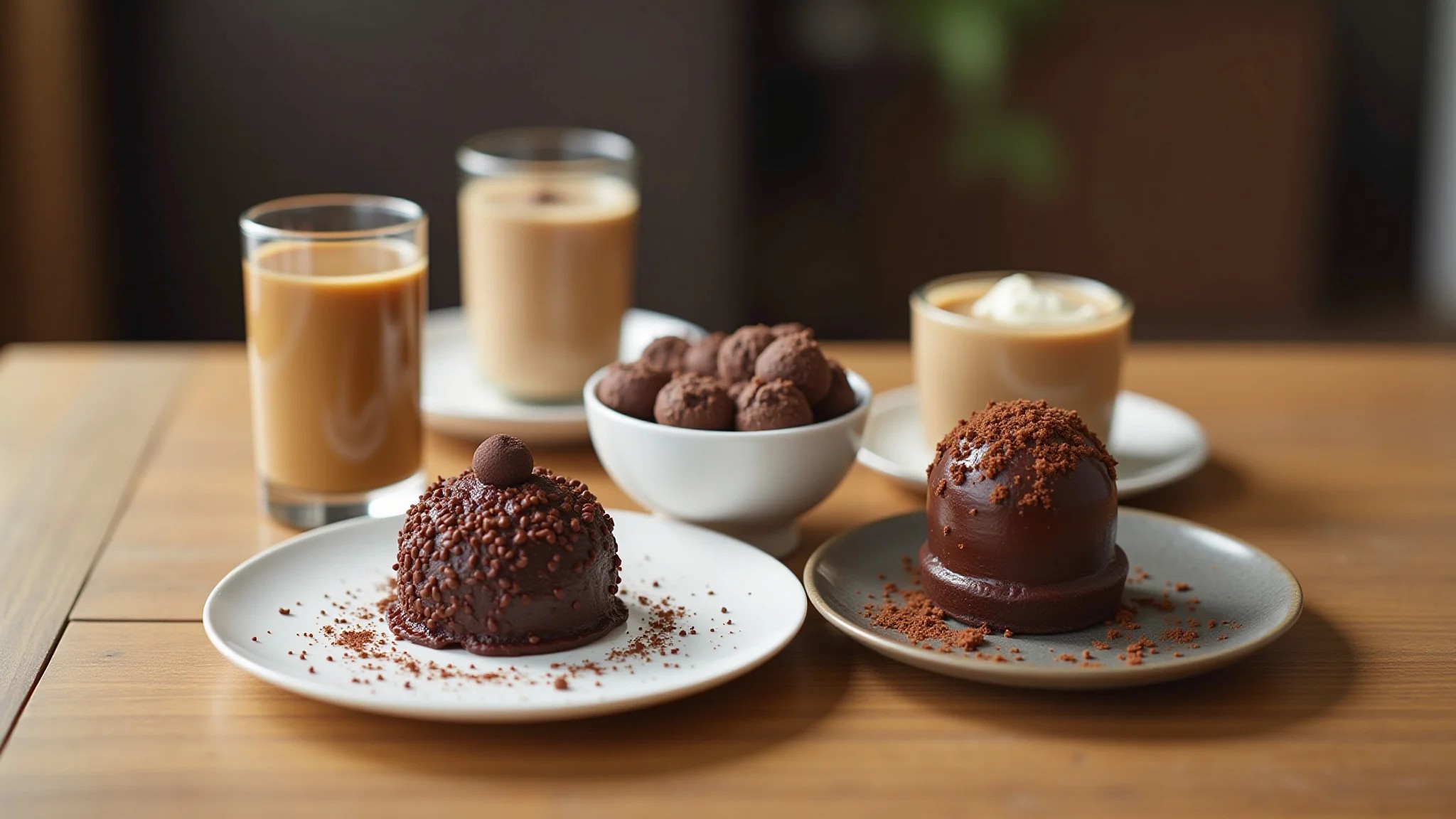 Mesa com sobremesas de café: brigadeiro, mousse e bolo. Estilo Farm Rio.