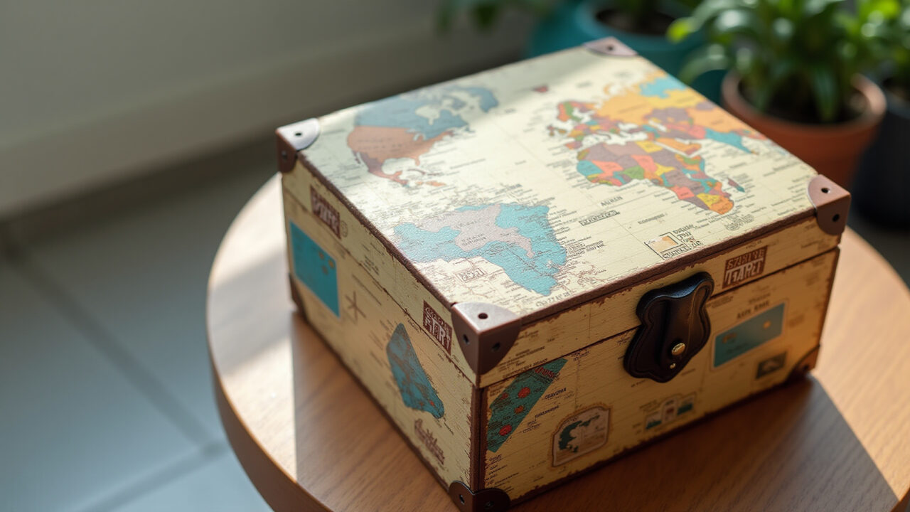 Porta joias de MDF temático com decoração de viagem.