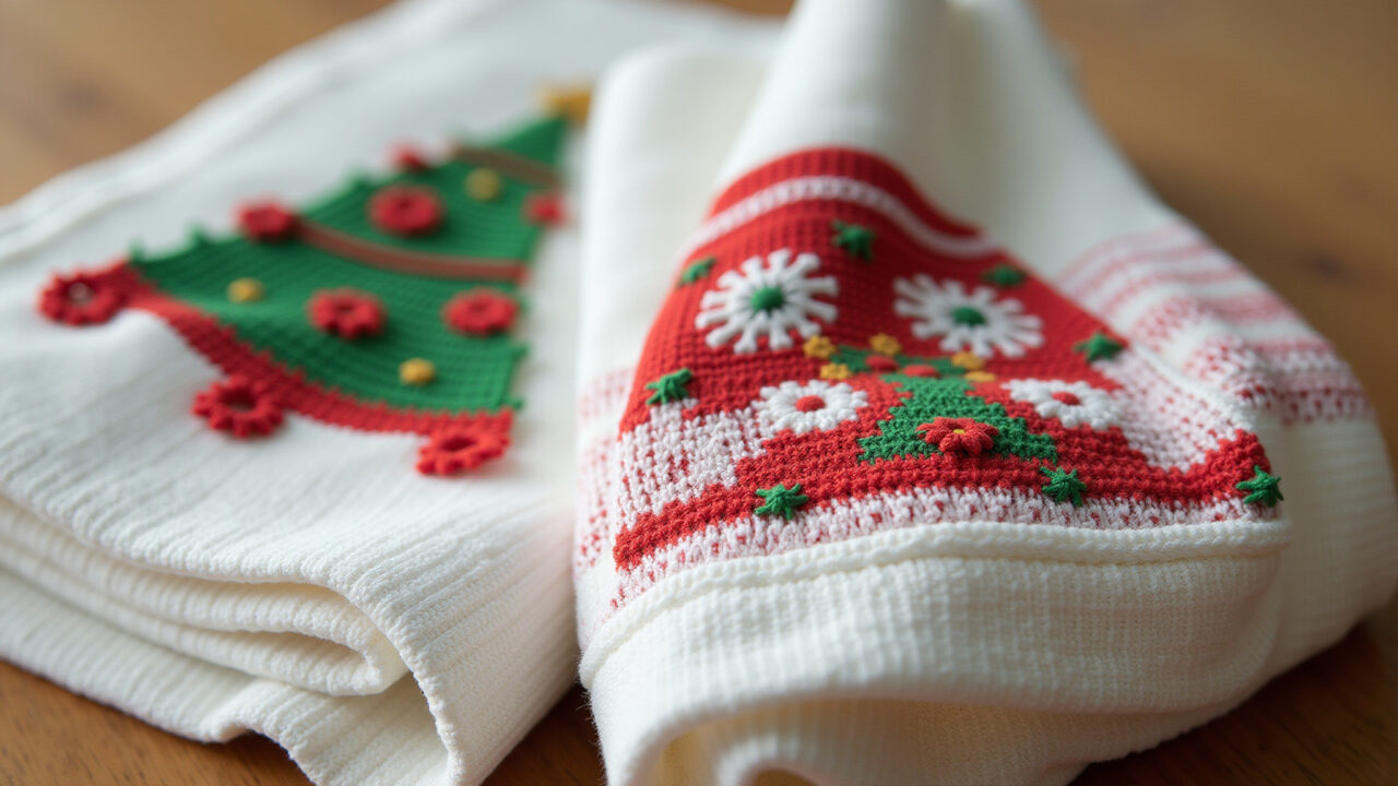Professional photography of a towel with christmas themed macrame, red and green, natural light, 8K Toalha com macramê temático de Natal, nas cores vermelho e verde.
