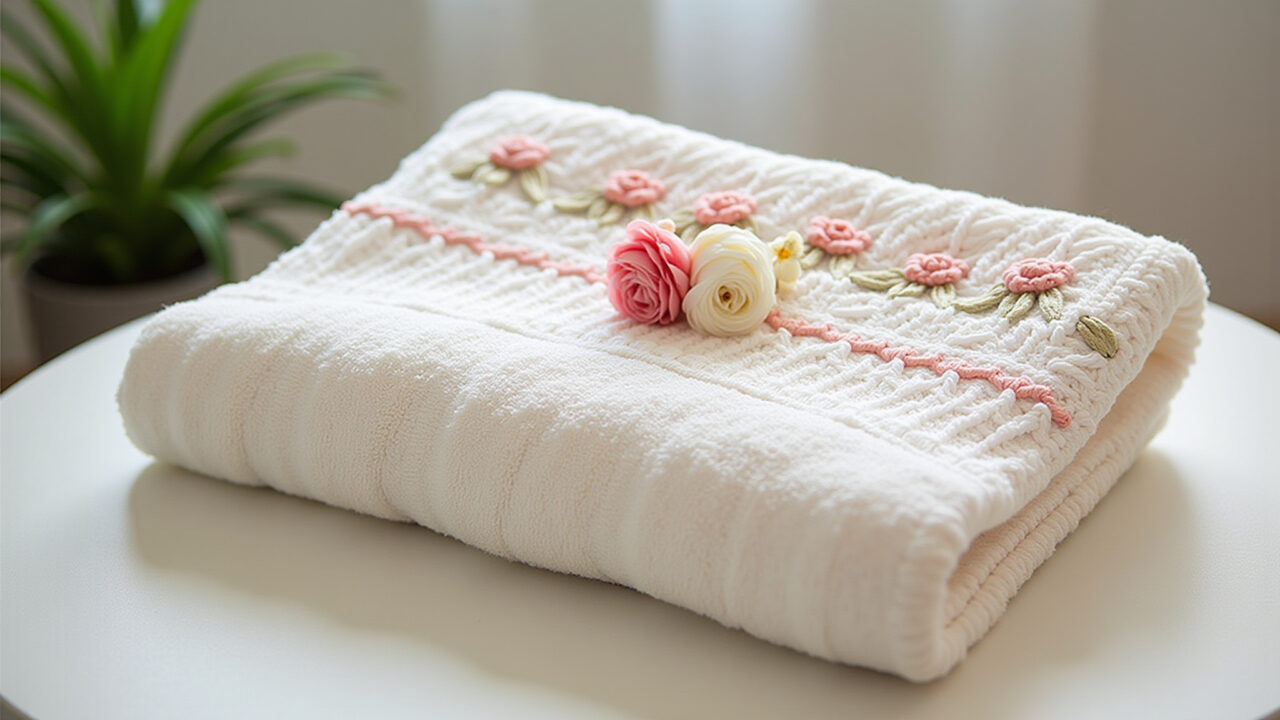 Professional photography of a towel with macrame and crochet applications, floral details, natural Toalha com macramê e aplicações em crochê, com detalhes florais.