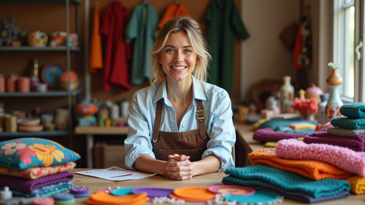 Professional photography of a vibrant Elo7 seller profile, featuring a friendly artisan woman in Perfil de vendedora de sucesso na Elo7, cercada por artesanato colorido.