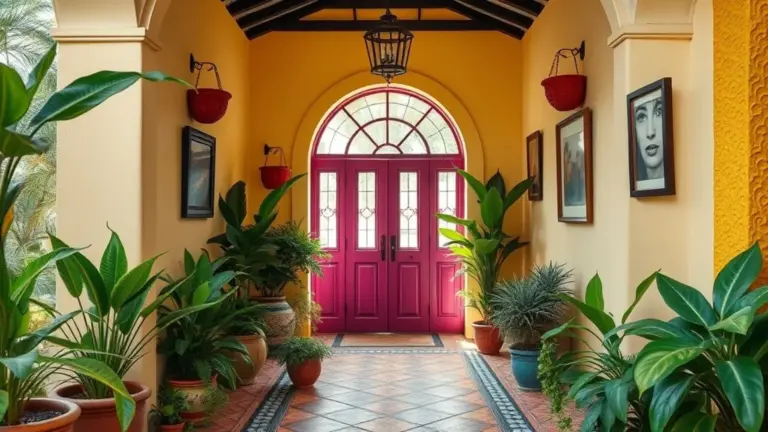 Hall de entrada vibrante com decoração brasileira, plantas e luz natural.