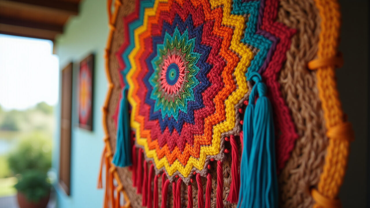 Mandala de macramê colorida pendurada na parede.
