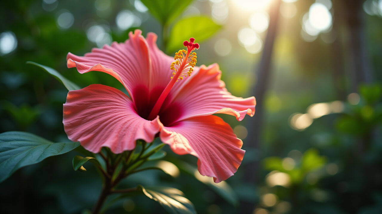 Professional photography of a vibrant pink hibiscus flower in a tropical Brazilian garden, sunny Flor de hibisco cor de rosa vibrante em jardim tropical brasileiro.