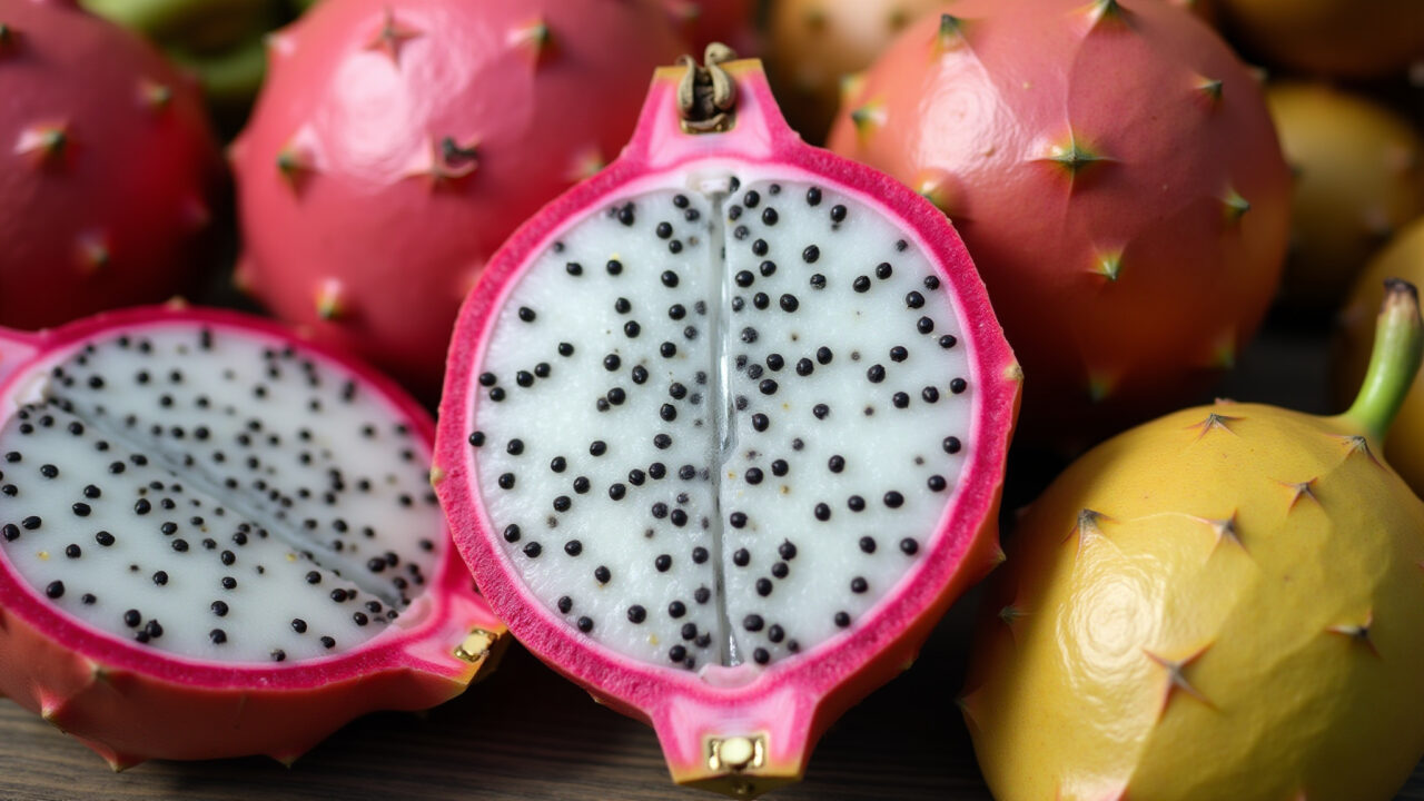 Professional photography of a vibrant pitaya fruit cut open, revealing its white flesh and black Pitaya branca cortada mostrando a polpa com sementes.