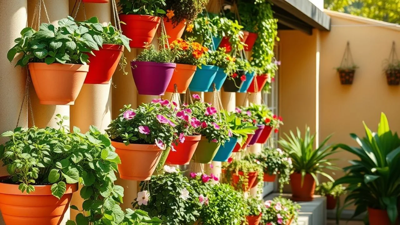 Horta vertical vibrante em pátio brasileiro ensolarado, com ervas e flores em vasos coloridos.