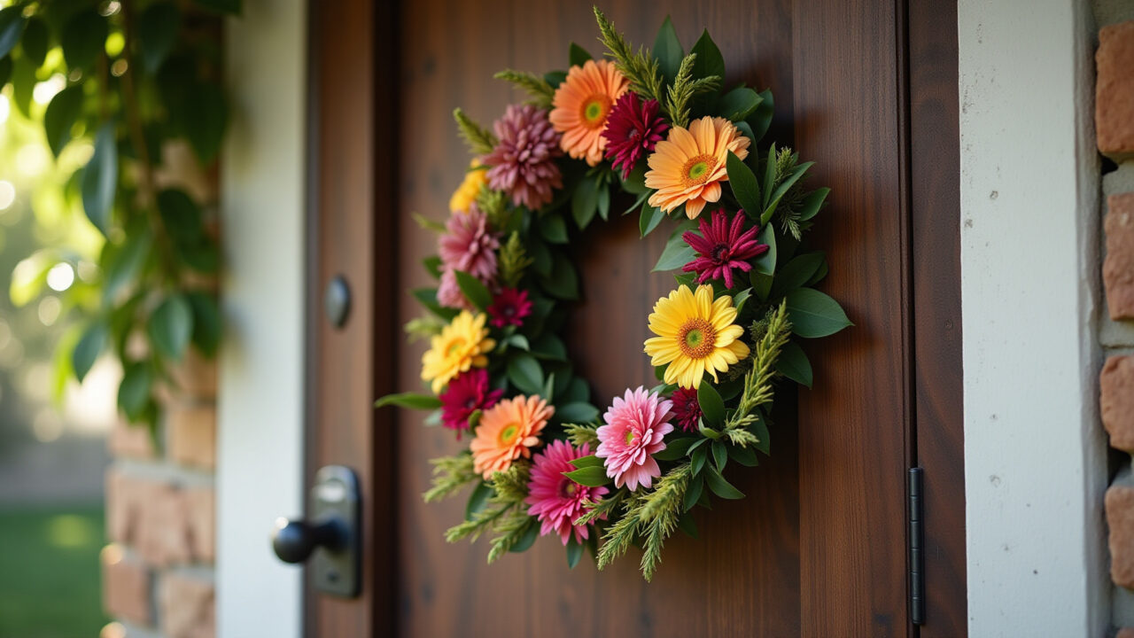 Professional photography of a wildflower crown on a wooden door, rustic Brazilian decor, natural Coroa de flores do campo na porta.
