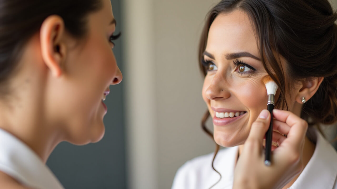 Professional photography of a woman contouring her face with bronzer, adding definition for classic Mulher contornando o rosto com bronzer.