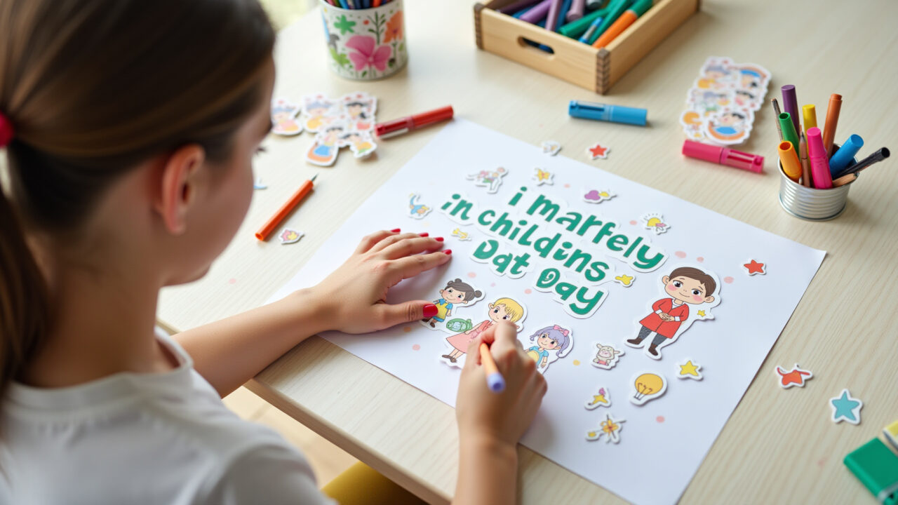 Mulher criando mensagem de Dia das Crianças com adesivos de personagens.