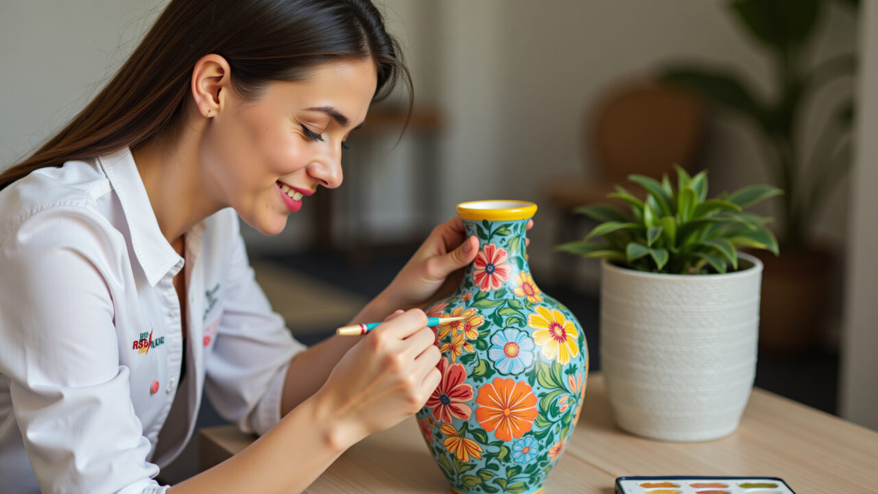 Mulher decorando vaso com decoupage para presente artesanal.