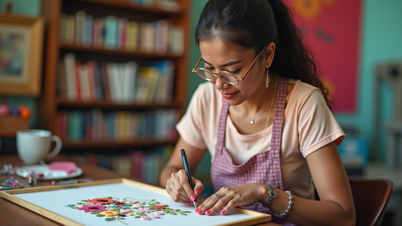 Mulher bordando bastidor personalizado para presente artesanal.