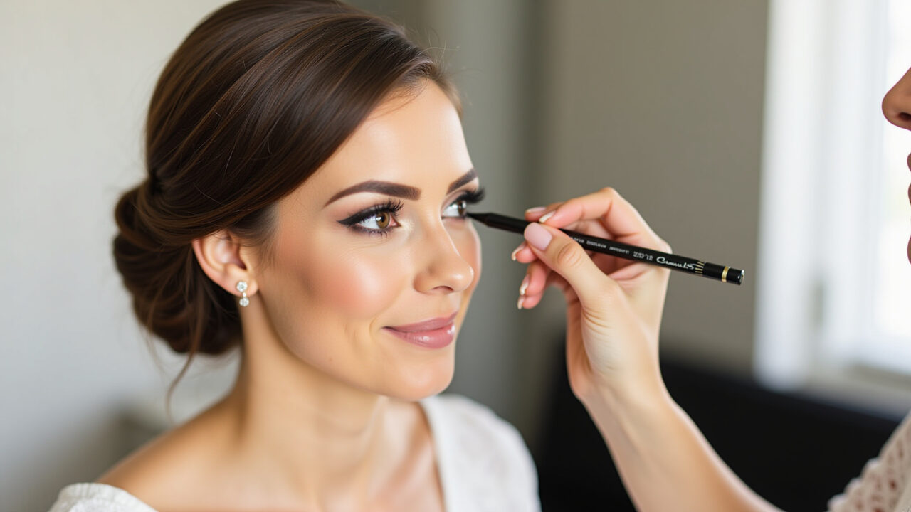 Professional photography of a woman filling in her eyebrows with a pencil, defining them for Mulher definindo as sobrancelhas com lápis.