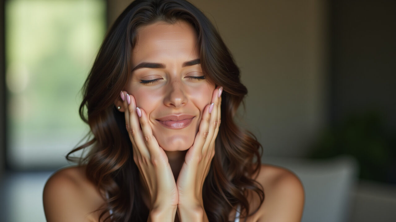 Professional photography of a woman forgiving herself, letting go of the past, peaceful expression, Mulher se perdoando, libertando-se do passado com uma expressão de paz.