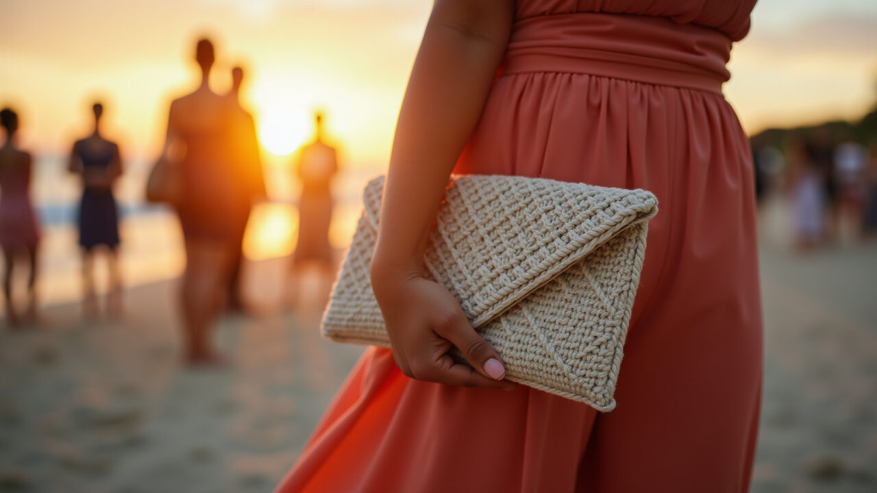 Mulher segurando clutch de macramê em festa na praia ao pôr do sol.