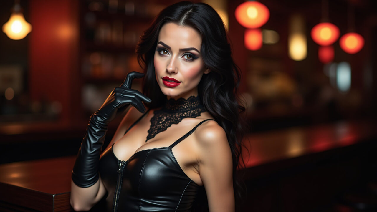 Mulher fantasiada de vampira moderna para o Halloween em bar brasileiro.