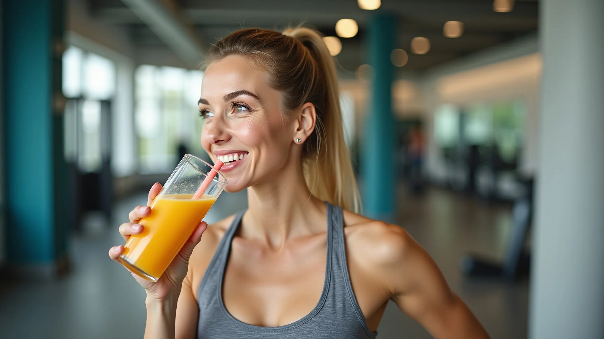 Mulher aproveitando suco detox após treino, vestindo roupa esportiva, fundo de academia.