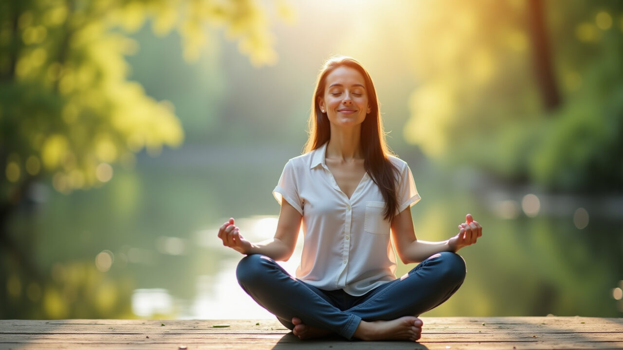 Professional photography of a woman meditating, radiating positive energy, peaceful environment, Mulher meditando, irradiando energia positiva em um ambiente tranquilo.