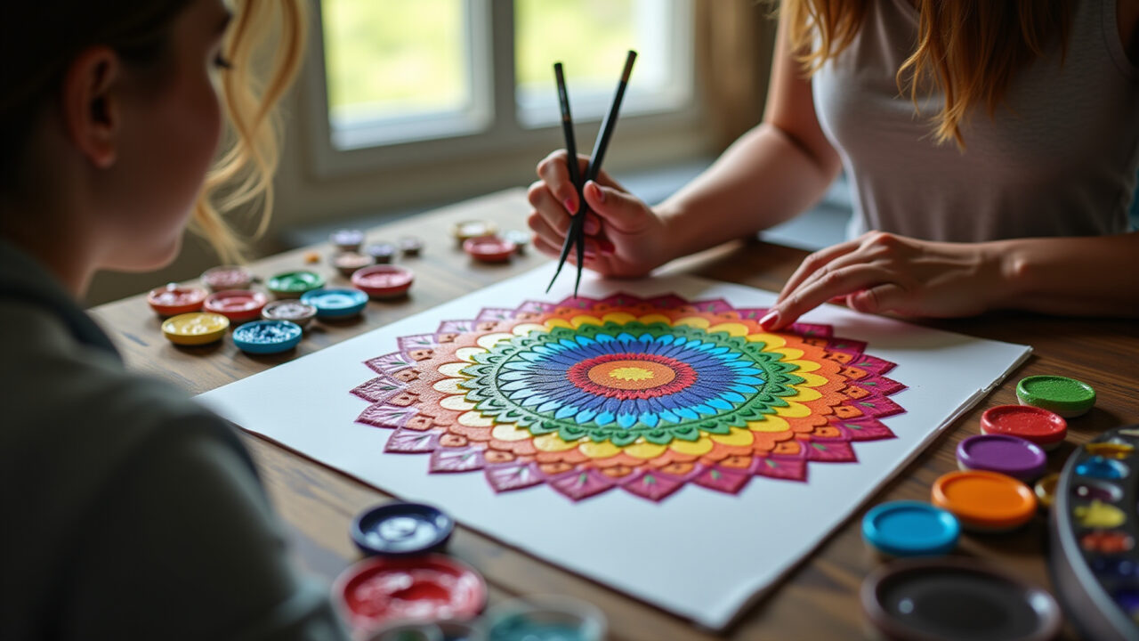 Professional photography of a woman painting a mandala, vibrant colors, natural lighting, 8K Mulher pintando uma mandala para relaxar e se conectar com a intuição.