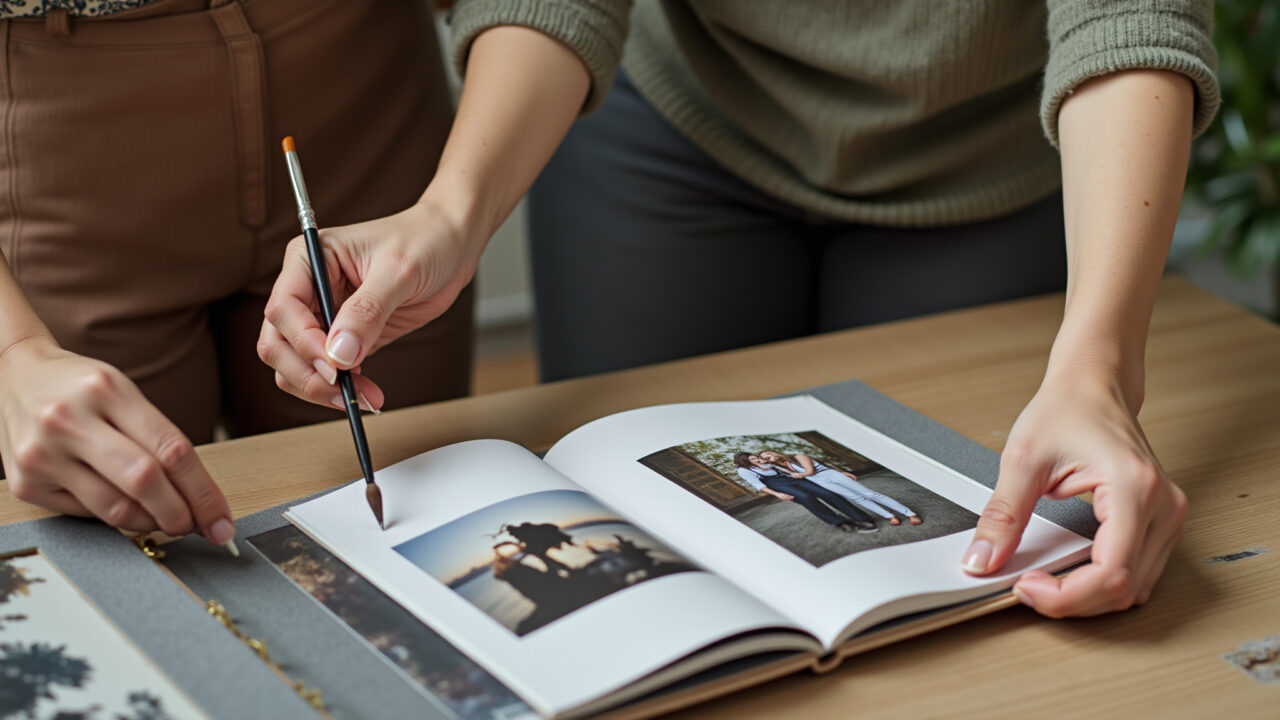 Mulher criando álbum de fotos personalizado como presente artesanal.