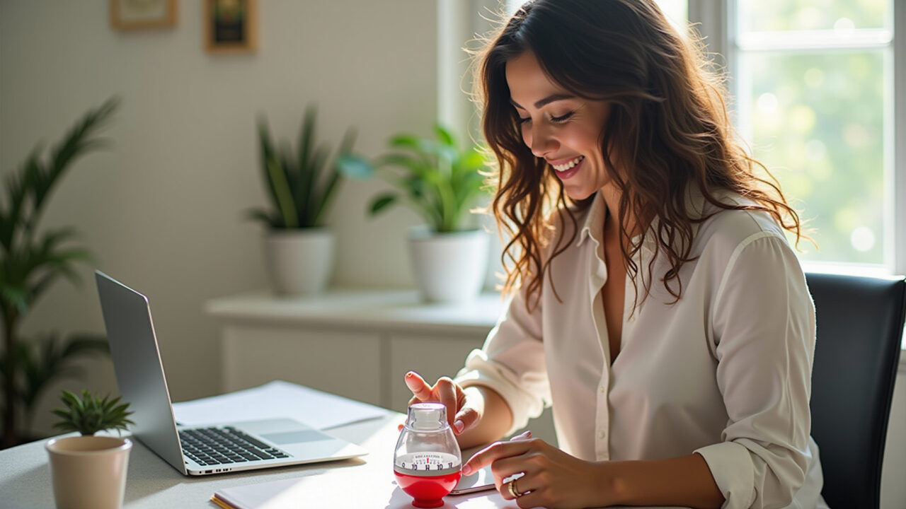 Professional photography of a woman planning her day with a Pomodoro timer, Brazilian style decor, Mulher planejando atividades com a técnica Pomodoro.
