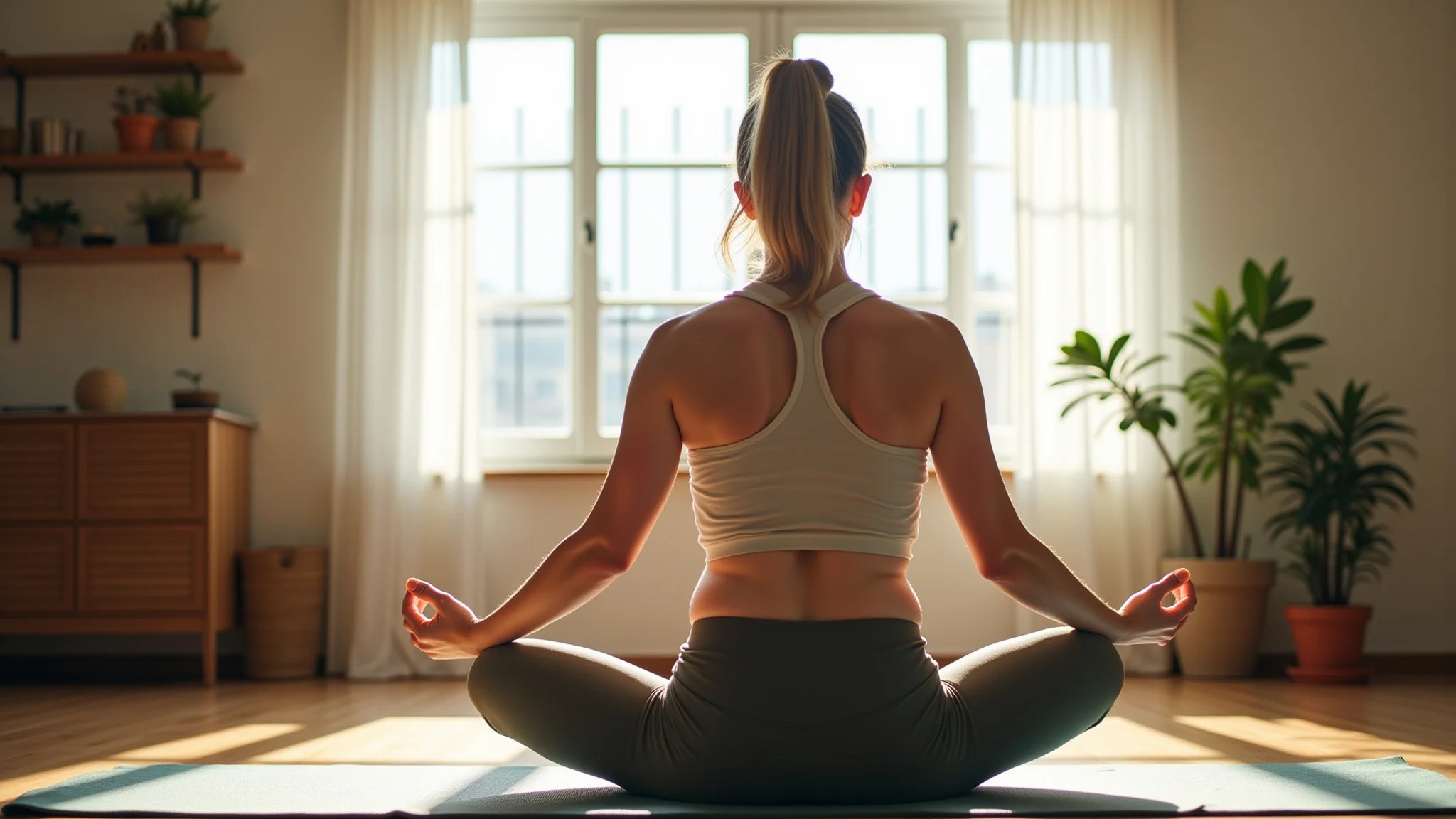Mulher praticando yoga em casa, luz solar, reduzindo o estresse para engravidar.