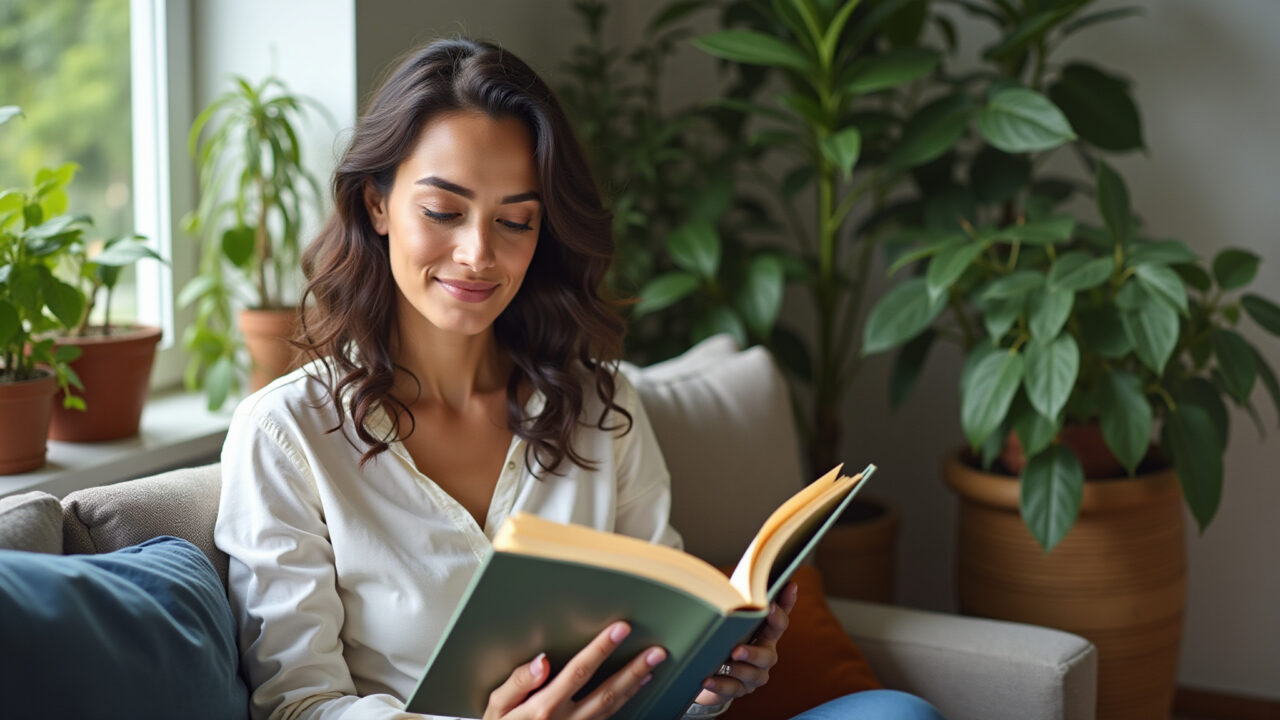 Mulher lendo livro inspirador em sala de estar aconchegante.