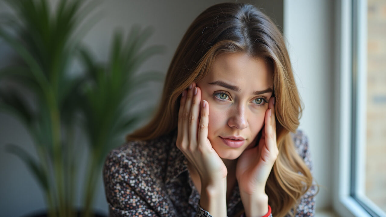 Professional photography of a woman reflecting on a mistake, thoughtful expression, natural Mulher refletindo sobre um erro e aprendendo com a experiência.