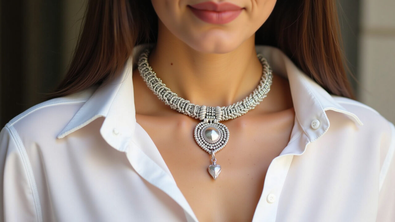 Professional photography of a woman wearing a macrame necklace with a silver pendant, elegant Colar de macramê com pingente de metal prata, estilo elegante.