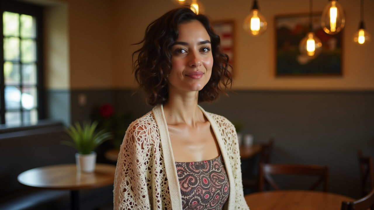 Mulher usando casaco de macramê sobre vestido em café aconchegante em São Paulo.