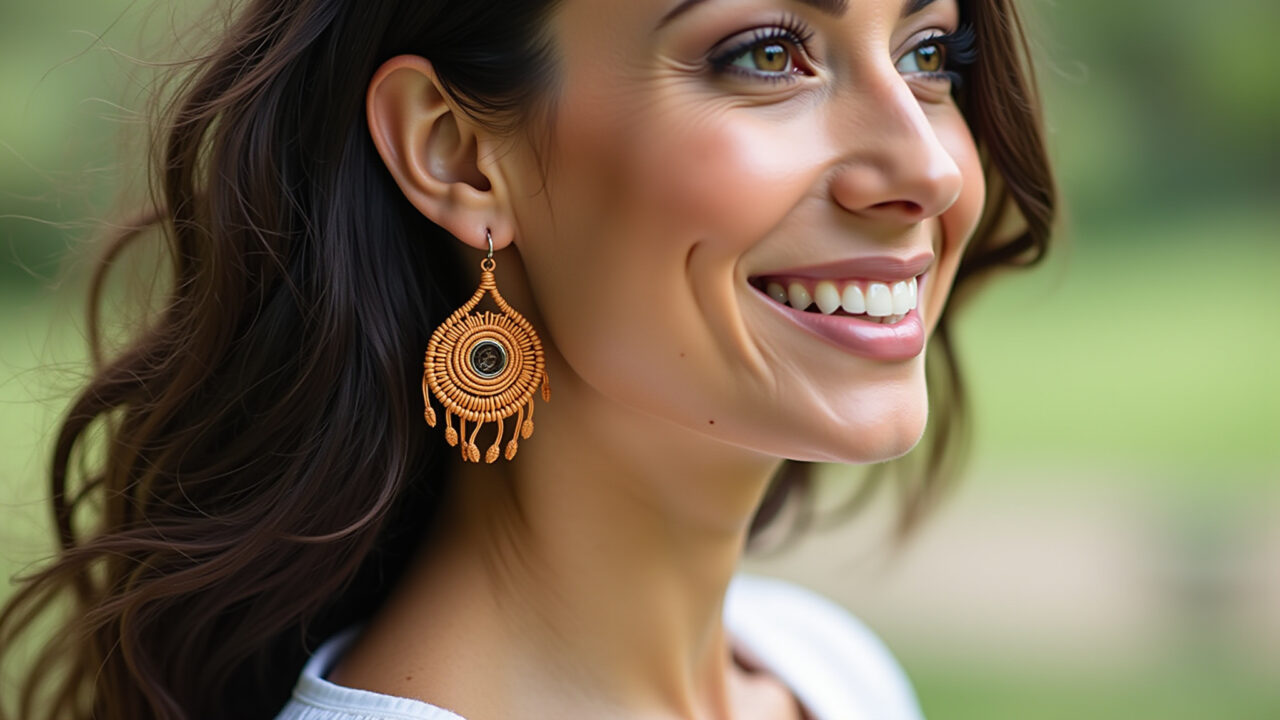 Mulher usando brincos de macramê, um acessório boho e estiloso.