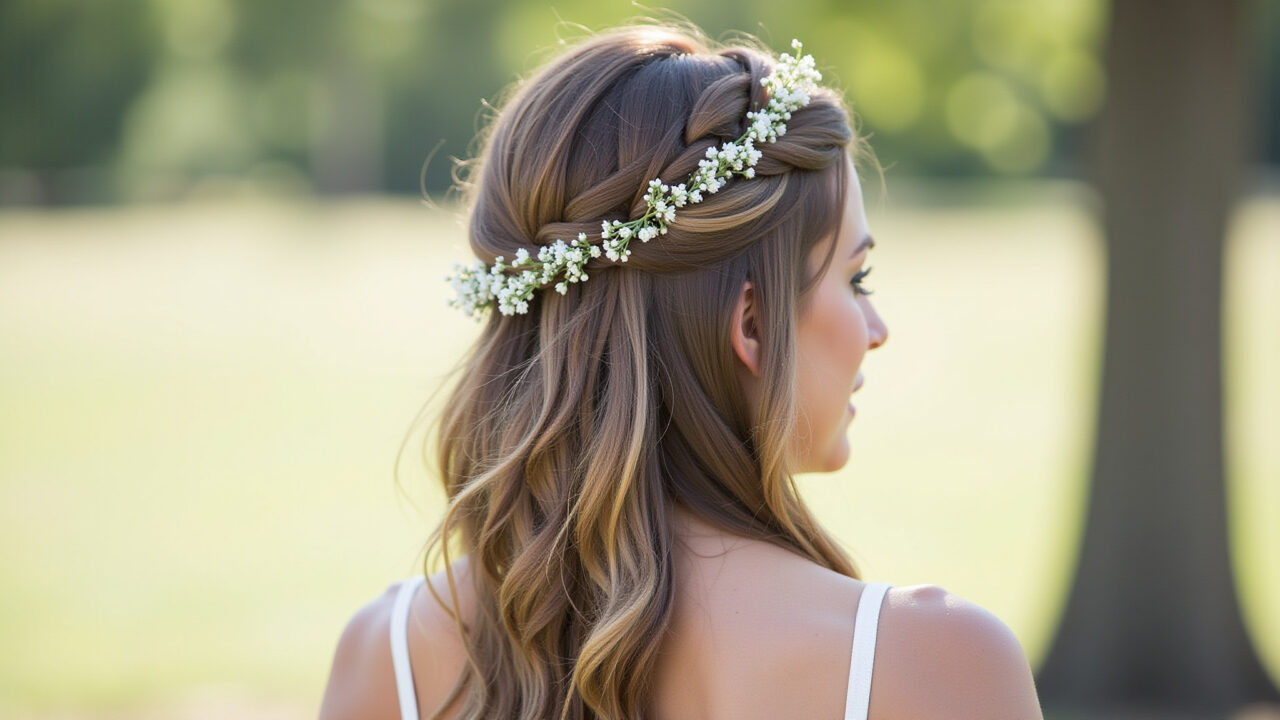 Professional photography of a woman with a loose side braid adorned with small natural flowers, Trança lateral soltinha com flores naturais em cabelo longo e liso.