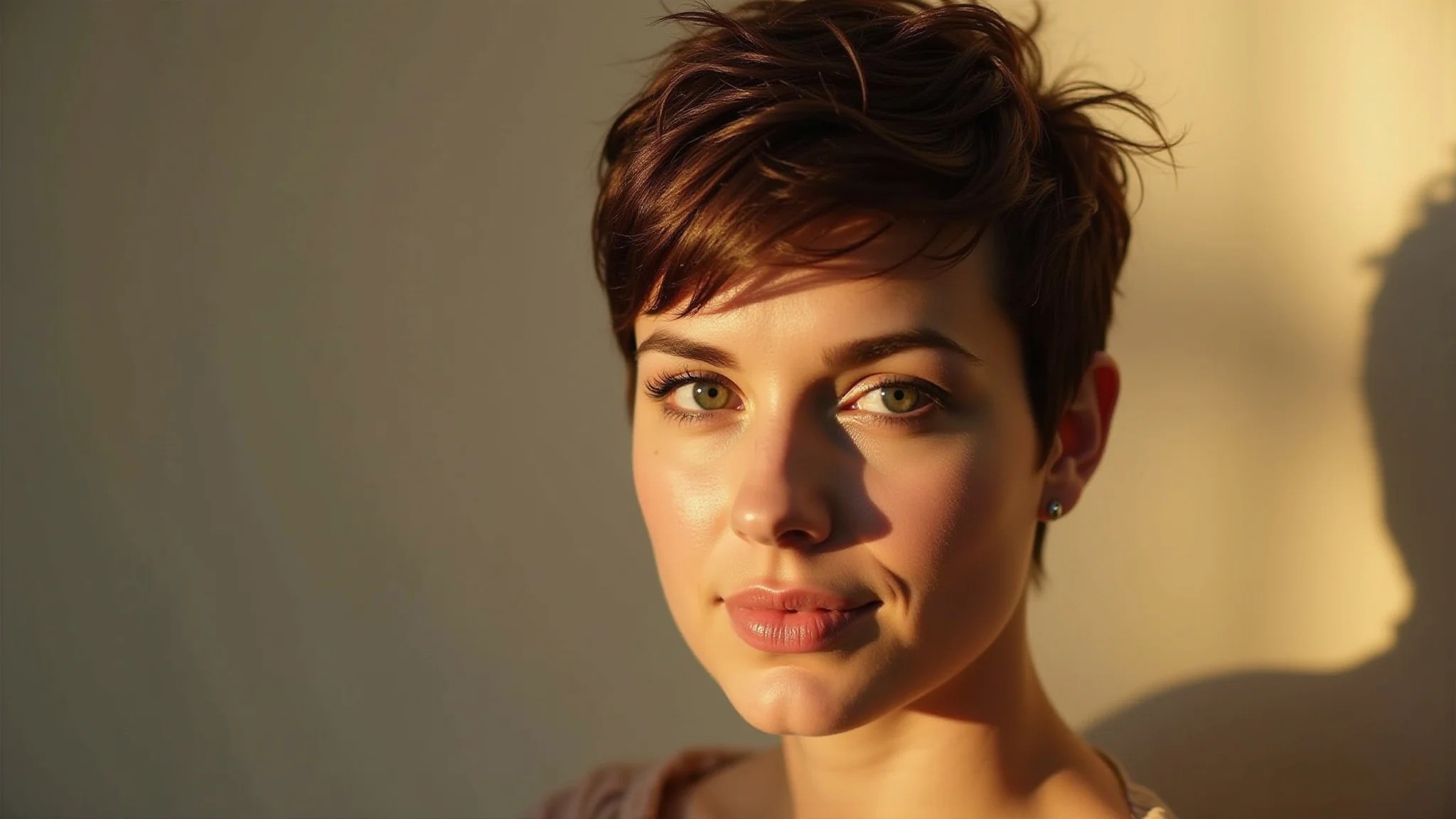 Mulher com pixie cut e franja desfiada, luz suave, corte moderno que valoriza o rosto oval.