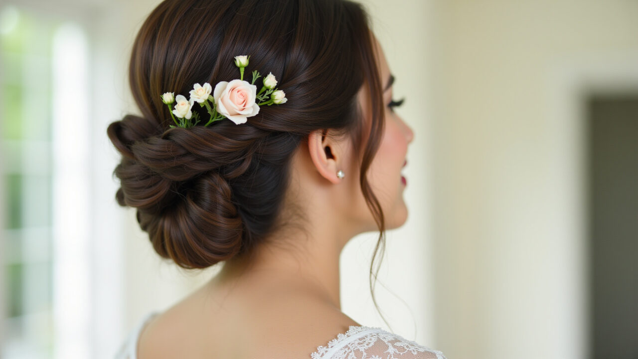 Professional photography of a woman with a romantic side braid, small flowers in her hair, Convidada de casamento com trança lateral romântica e flores.