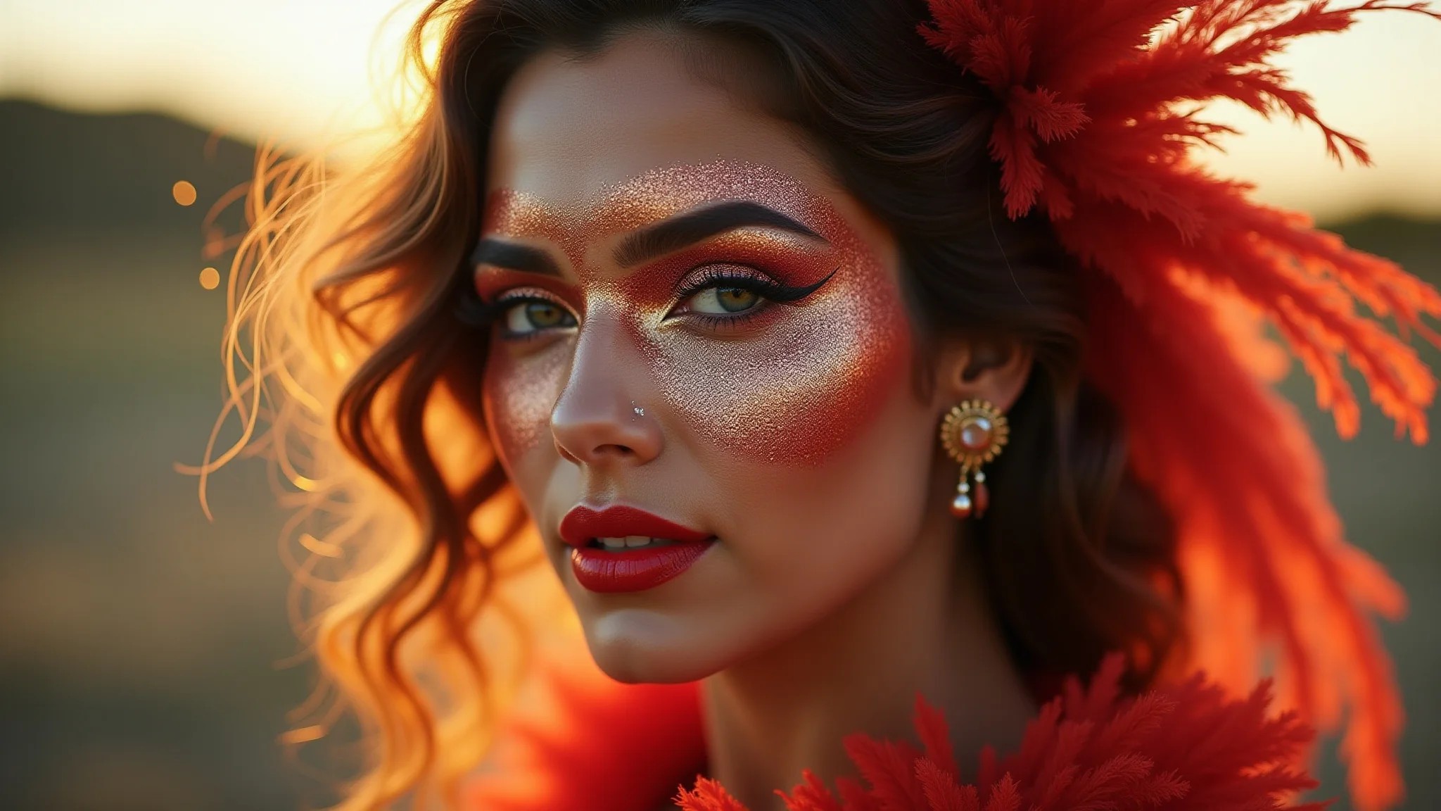 Mulher com maquiagem de olhos com glitter e batom vermelho para o carnaval.