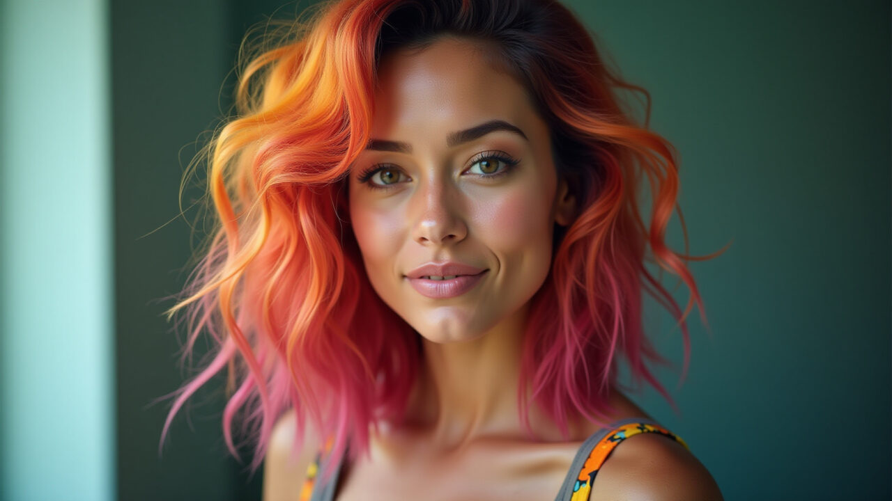 Professional photography of a woman with colorful ombre hair, creative and unique style, natural Mulher com ombre hair colorido, estilo criativo e único.