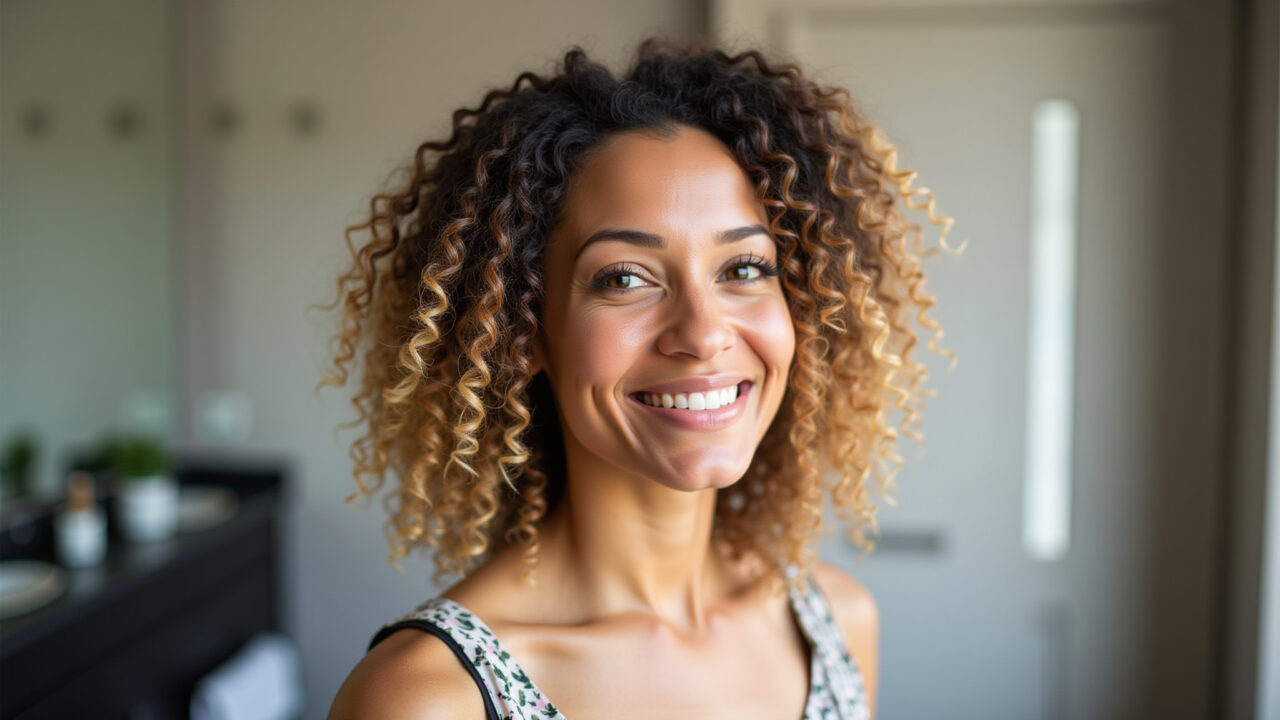 Professional photography of a woman with curly hair neutralizing and hydrating her hair after Mulher neutralizando e hidratando os cabelos cacheados após a descoloração.