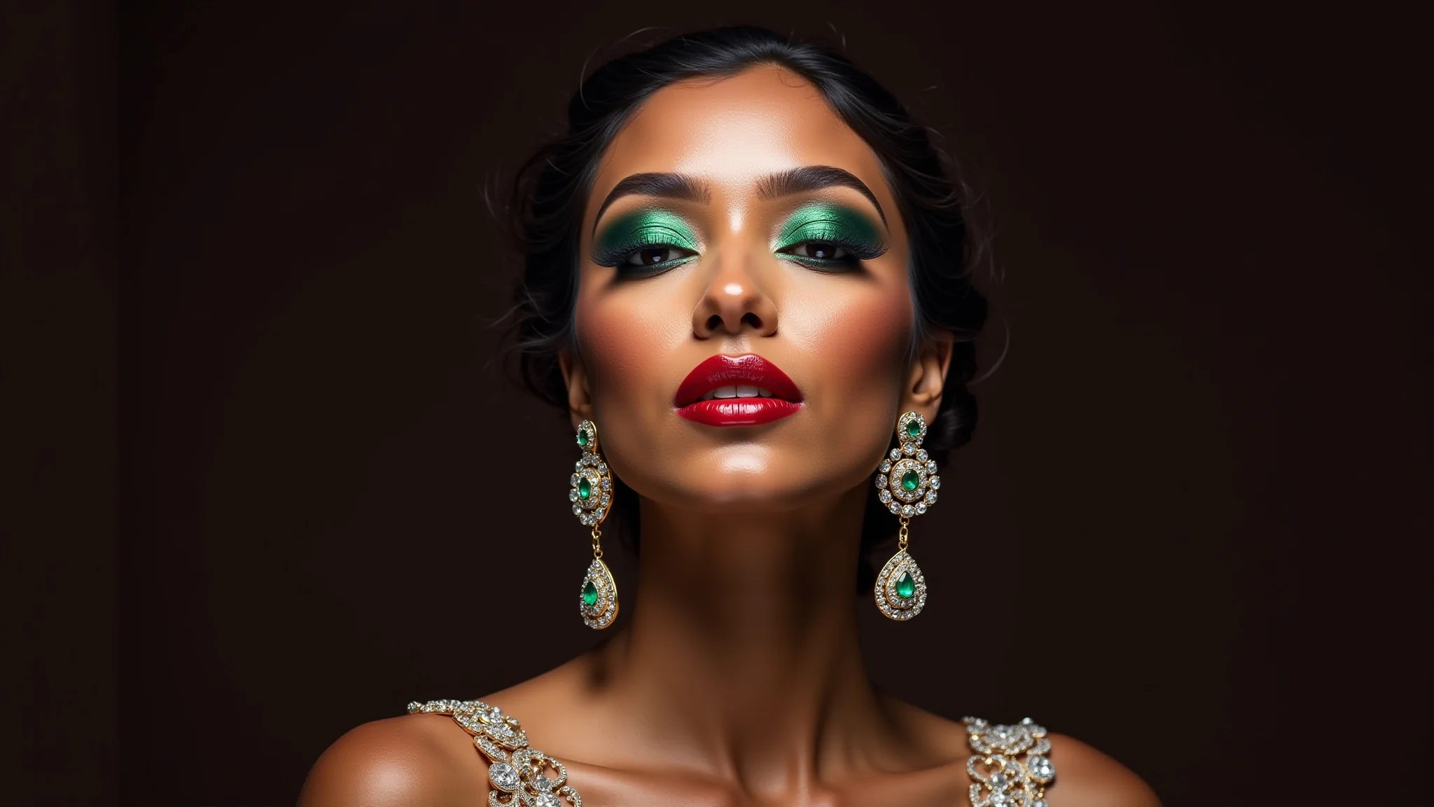 Mulher negra com batom vermelho e sombra verde esmeralda.